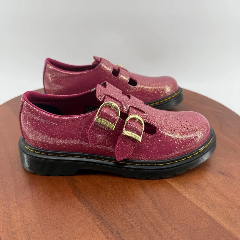 Dr. Martens 8065 J Mary Jane Pink Glitter Double Buckle School Shoes Size Kids 3